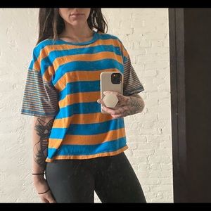 Urban Outfitters Oversized Crop striped tee T Shirt size Medium Blue and Yellow